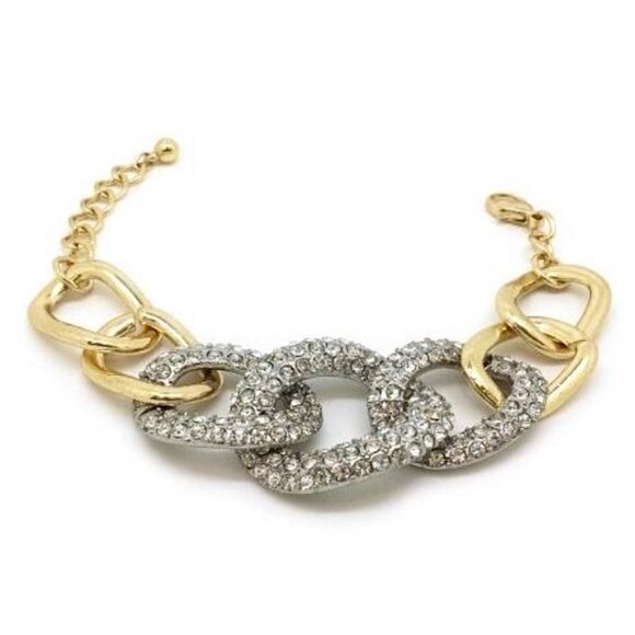 New Chunky Link Bracelet 18K Gold Plated Crystal Pave Statement Glam Sparkle - Picture 3 of 10